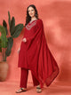 Thread Embroidered Rayon Kurta Set with Lace Sleeves & Printed Dupatta