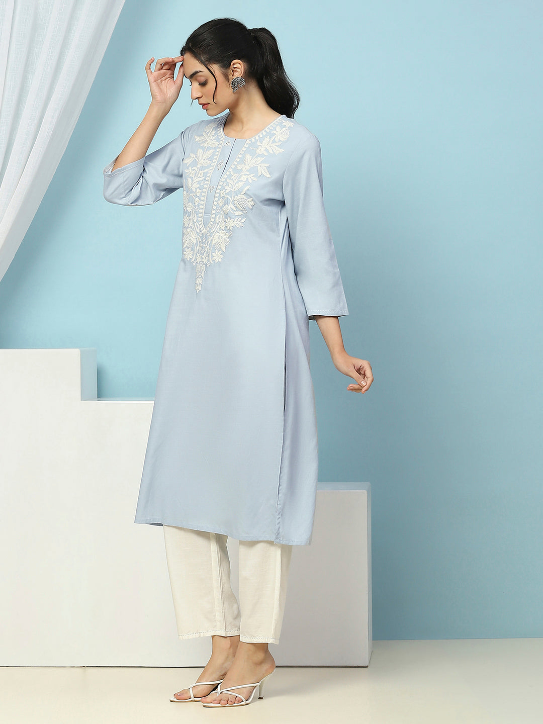 Cotton Straight Kurta Set with Lakhnavi Embroidery &amp; Laced Dupatta