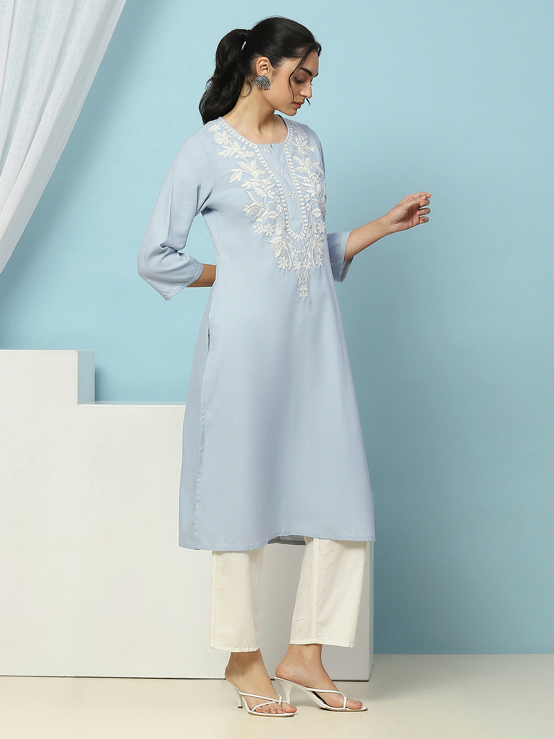 Cotton Straight Kurta Set with Lakhnavi Embroidery &amp; Laced Dupatta