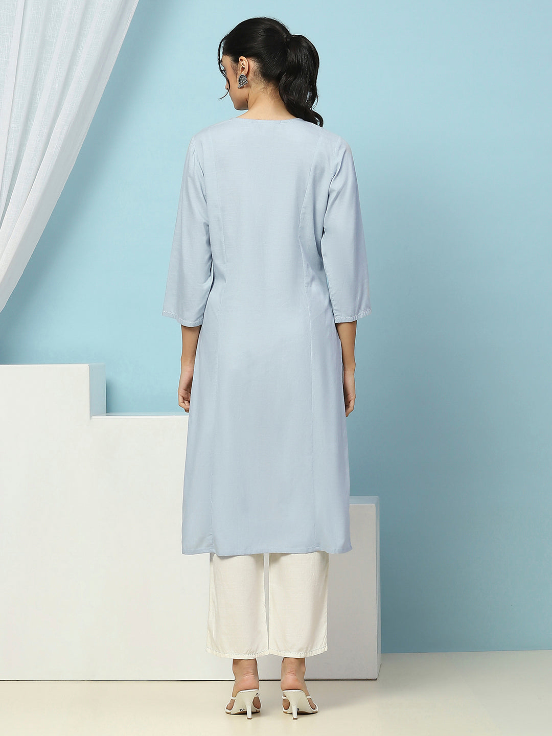 Cotton Straight Kurta Set with Lakhnavi Embroidery &amp; Laced Dupatta