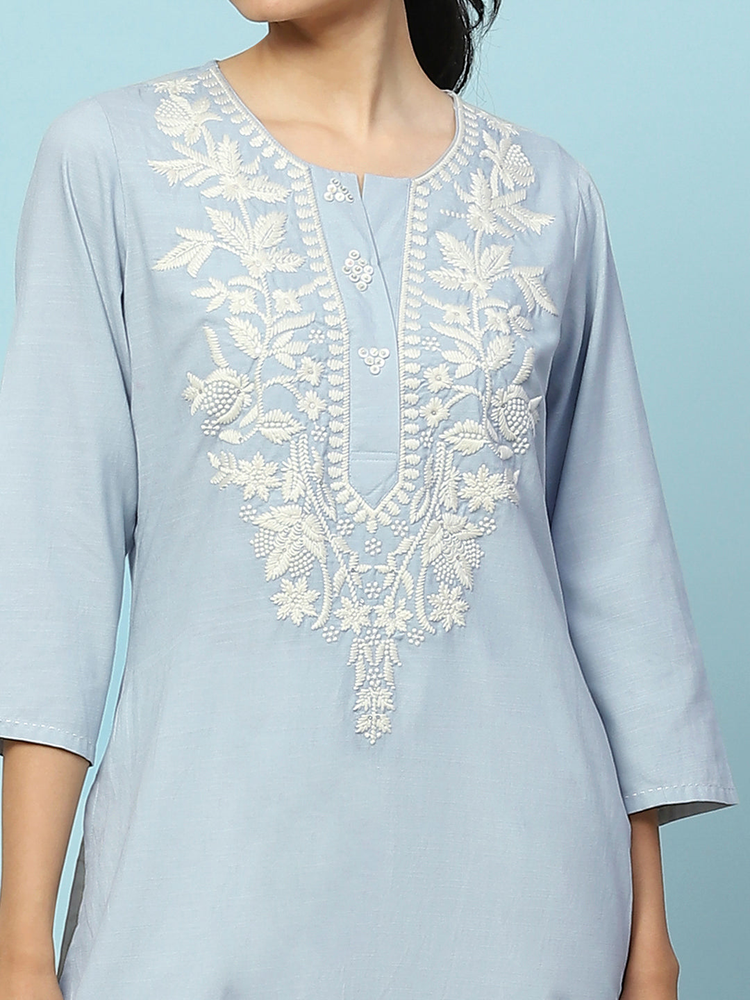 Cotton Straight Kurta Set with Lakhnavi Embroidery &amp; Laced Dupatta