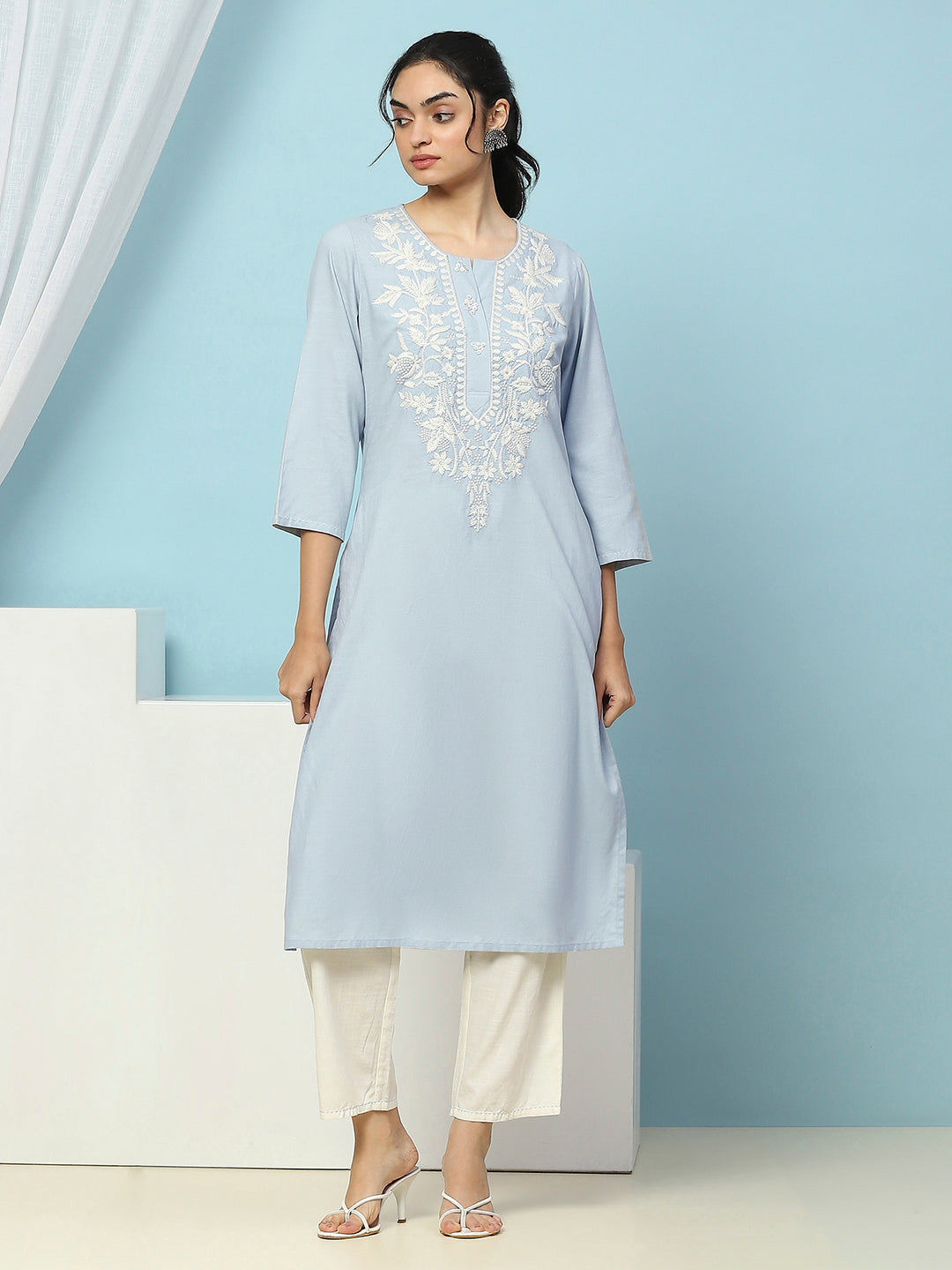 Cotton Straight Kurta Set with Lakhnavi Embroidery &amp; Laced Dupatta