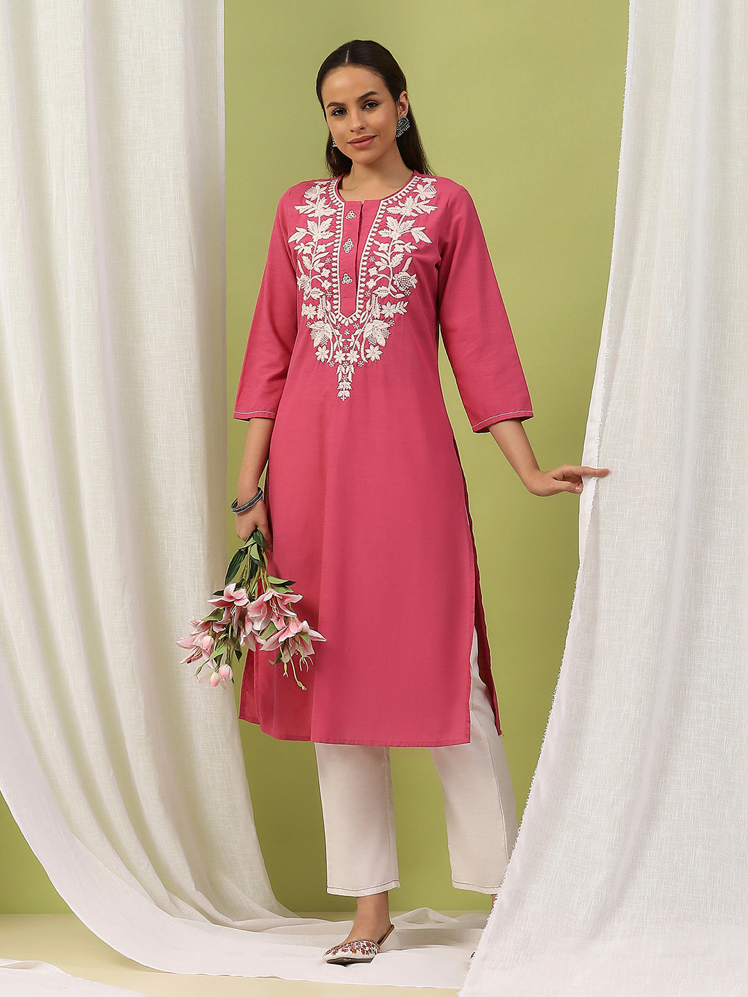 Lakhnavi Embroidered Pure Cotton Kurta Set with Stitch-Detailed Palazzo