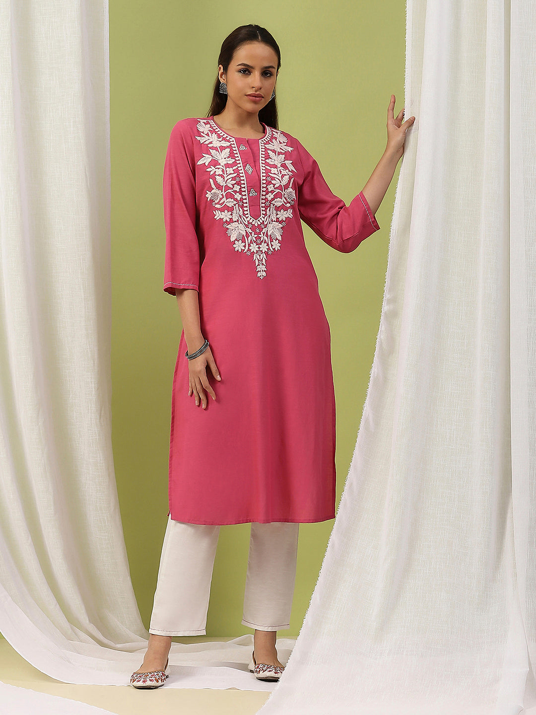 Lakhnavi Embroidered Pure Cotton Kurta Set with Stitch-Detailed Palazzo