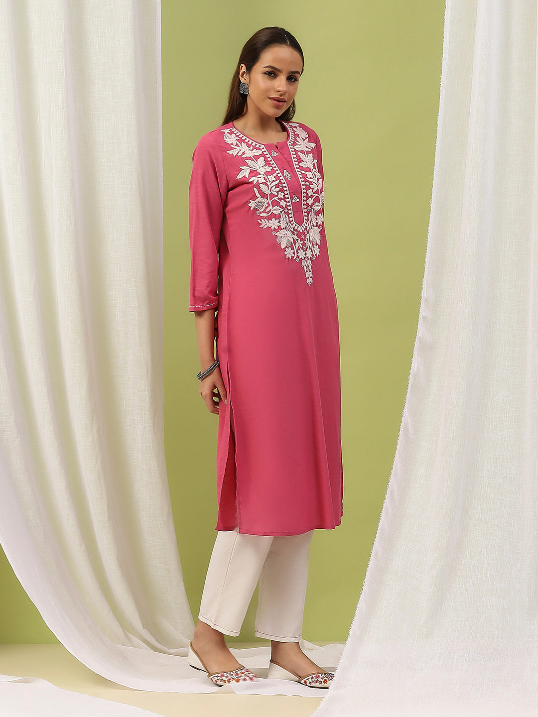 Lakhnavi Embroidered Pure Cotton Kurta Set with Stitch-Detailed Palazzo