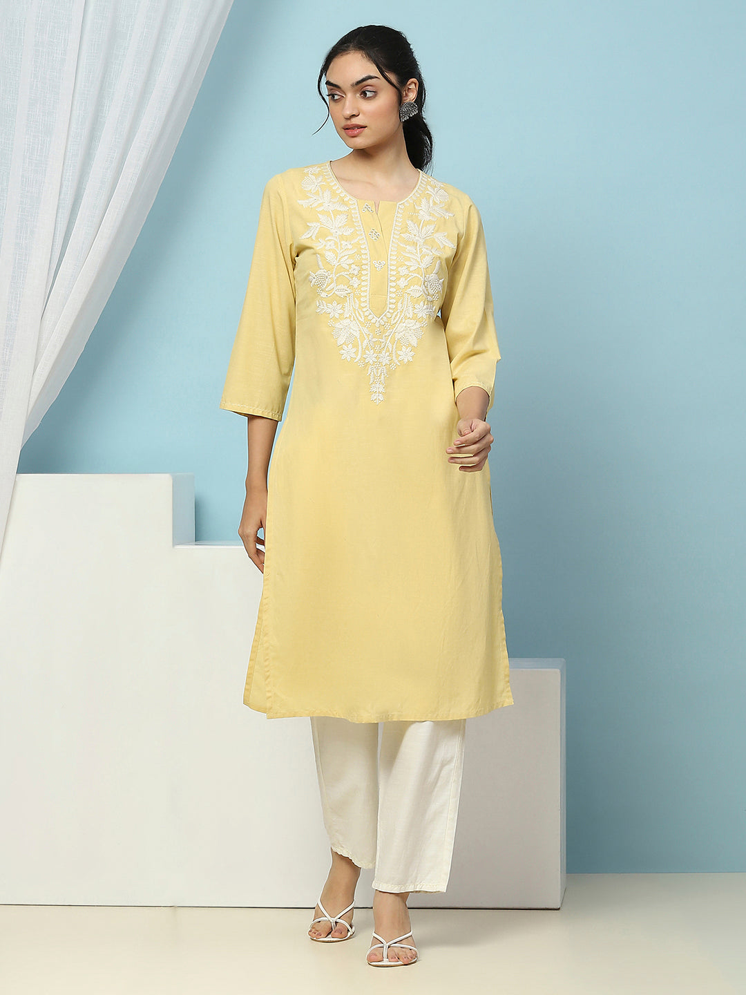 Cotton Straight Kurta Set with Lakhnavi Embroidery &amp; Laced Dupatta