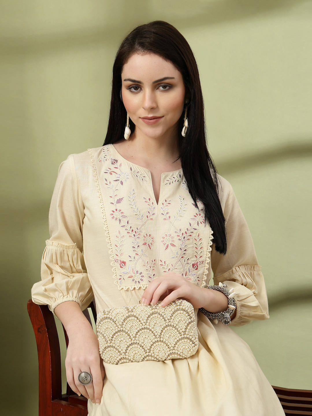 Floral Embroidered Cotton Linen Kurta Set with Pocketed Palazzo