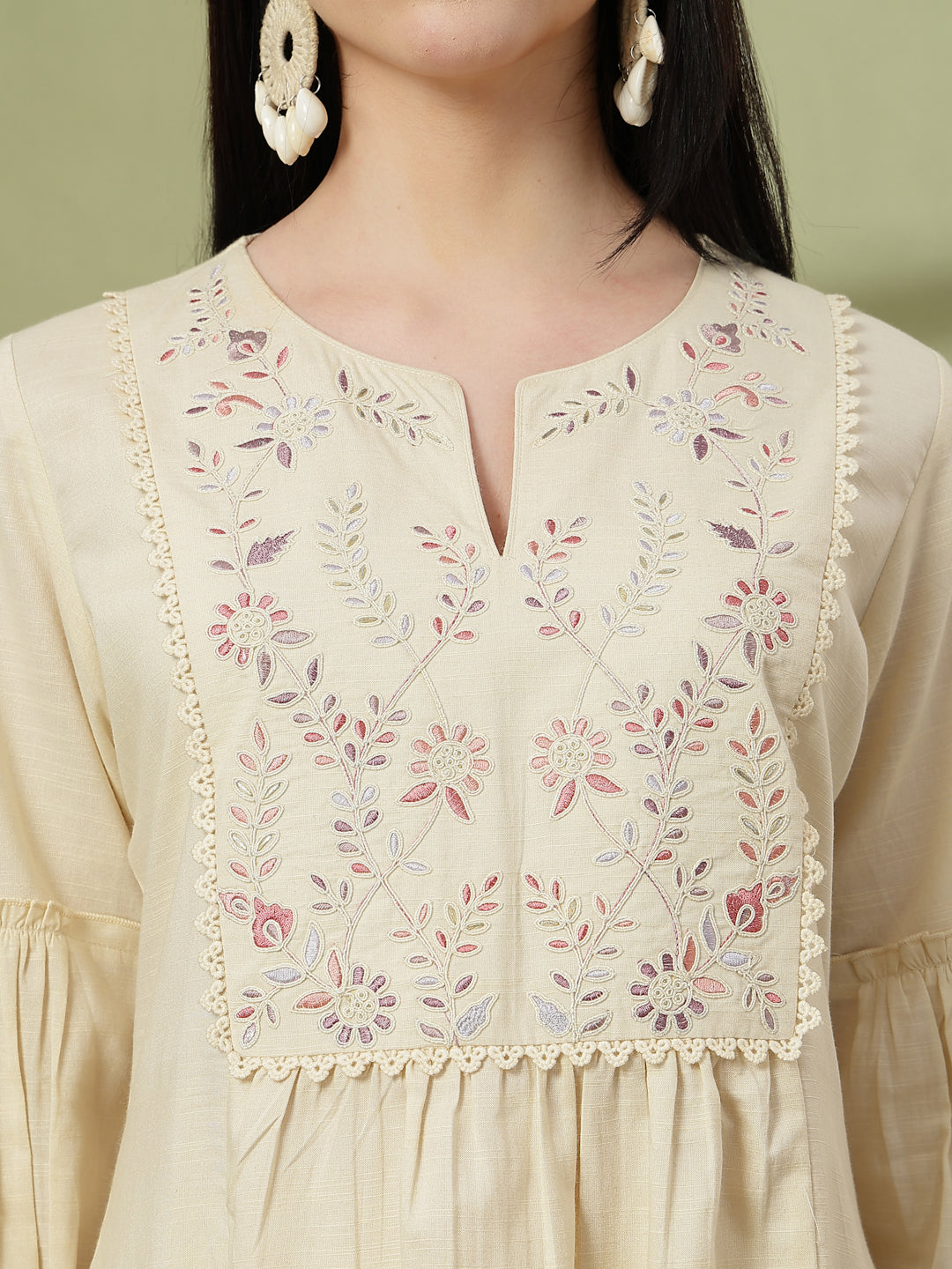Floral Embroidered Cotton Linen Kurta Set with Pocketed Palazzo