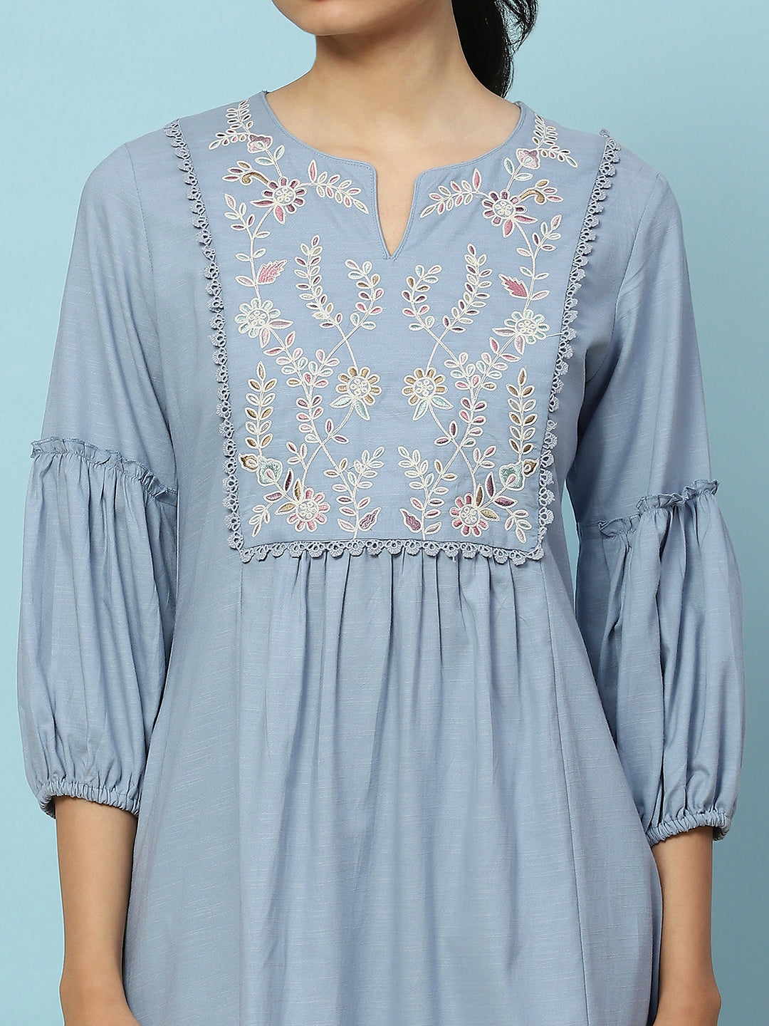 Floral Embroidered Cotton Linen Kurta Set with Pocketed Palazzo