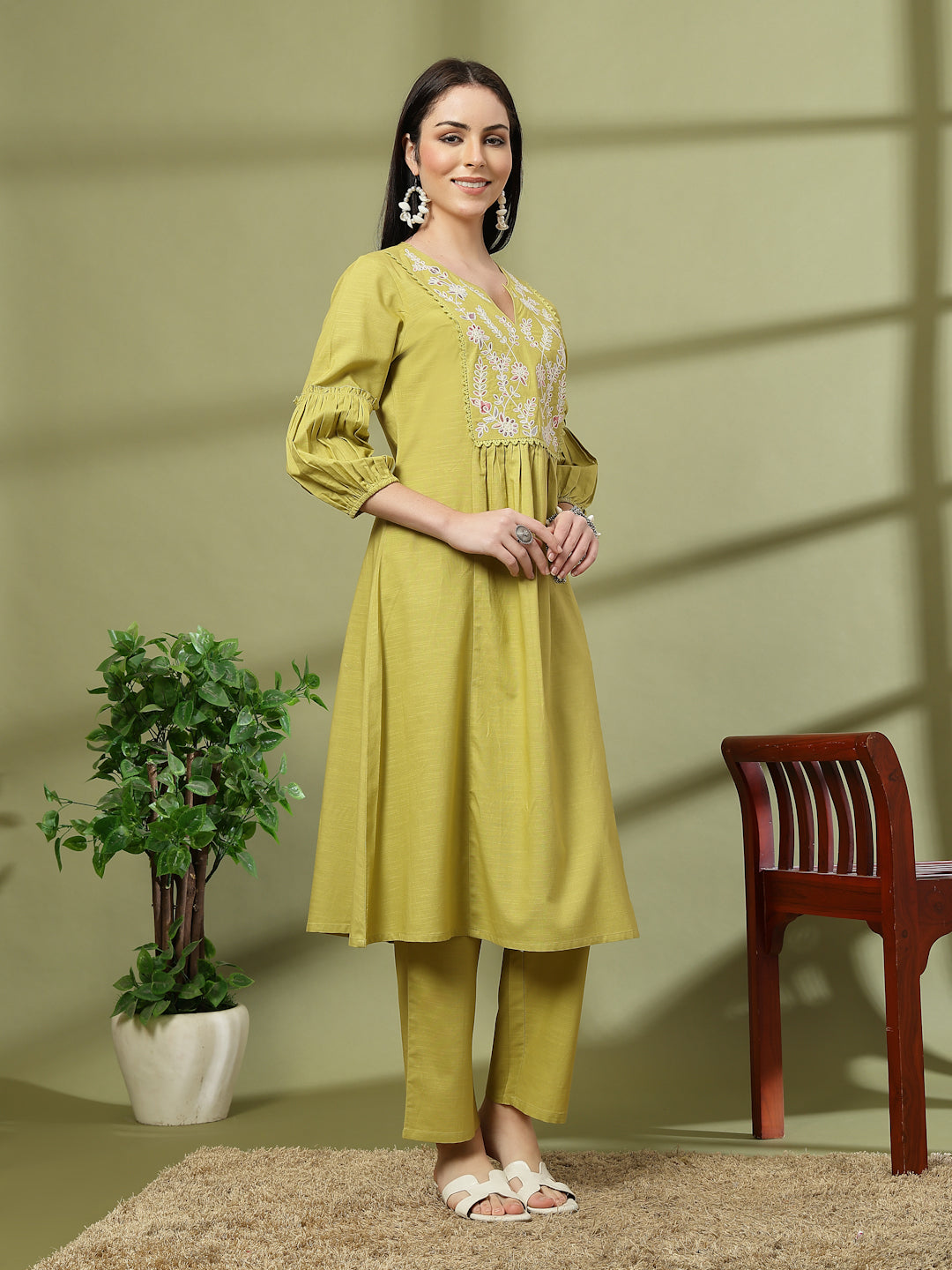 Solid A-Line Cotton Linen Kurta Set with Embroidery