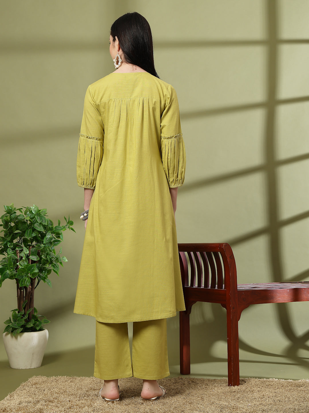 Solid A-Line Cotton Linen Kurta Set with Embroidery