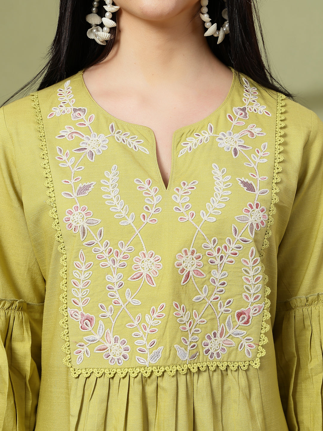 Solid A-Line Cotton Linen Kurta Set with Embroidery