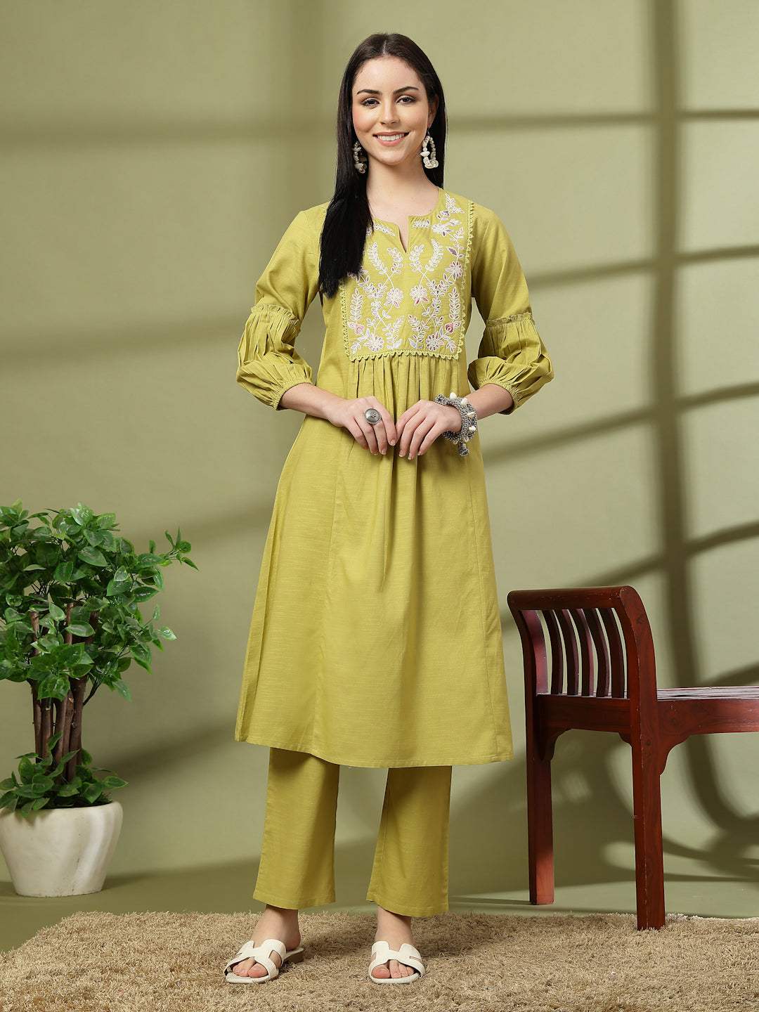 Solid A-Line Cotton Linen Kurta Set with Embroidery