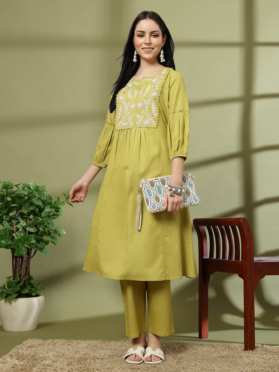 Solid A-Line Cotton Linen Kurta Set with Embroidery