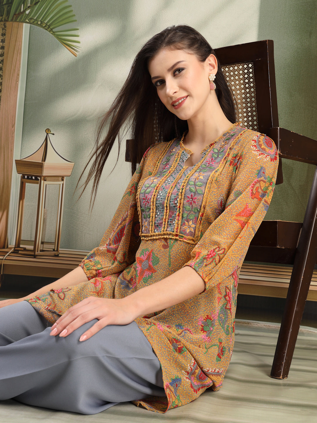 Paisley Printed Poly Georgette High-Low Kurta with Embroidery and Salwar