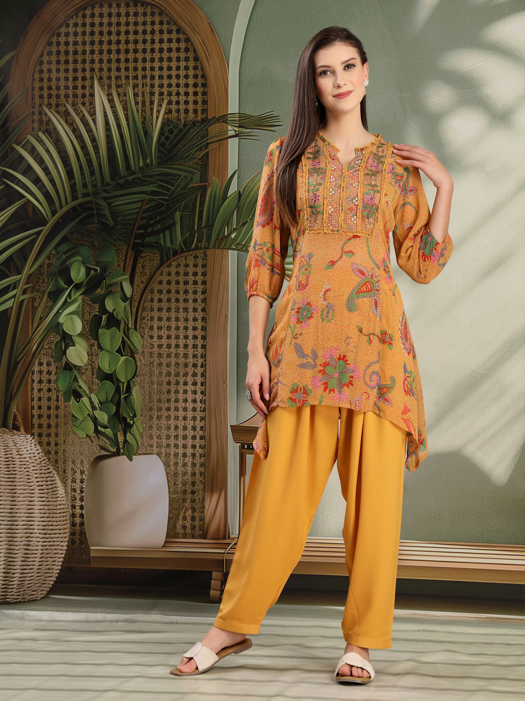 Paisley Printed Poly Georgette High-Low Kurta with Embroidery and Salwar