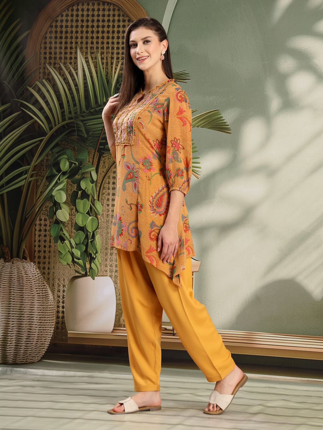 Paisley Printed Poly Georgette High-Low Kurta with Embroidery and Salwar