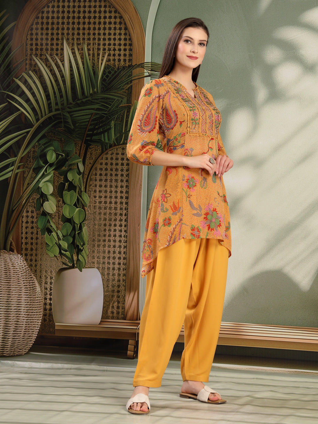 Paisley Printed Poly Georgette High-Low Kurta with Embroidery and Salwar