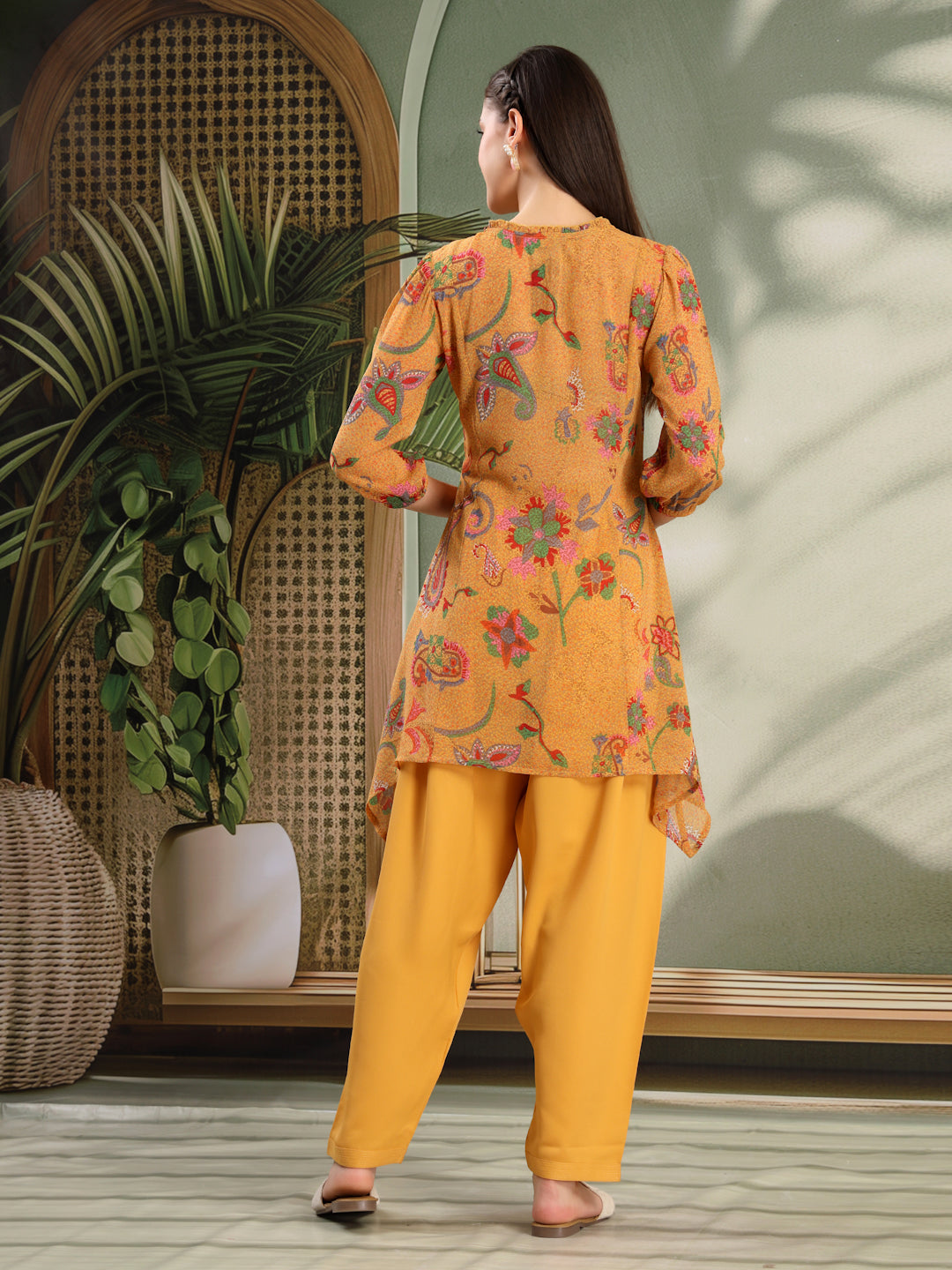 Paisley Printed Poly Georgette High-Low Kurta with Embroidery and Salwar