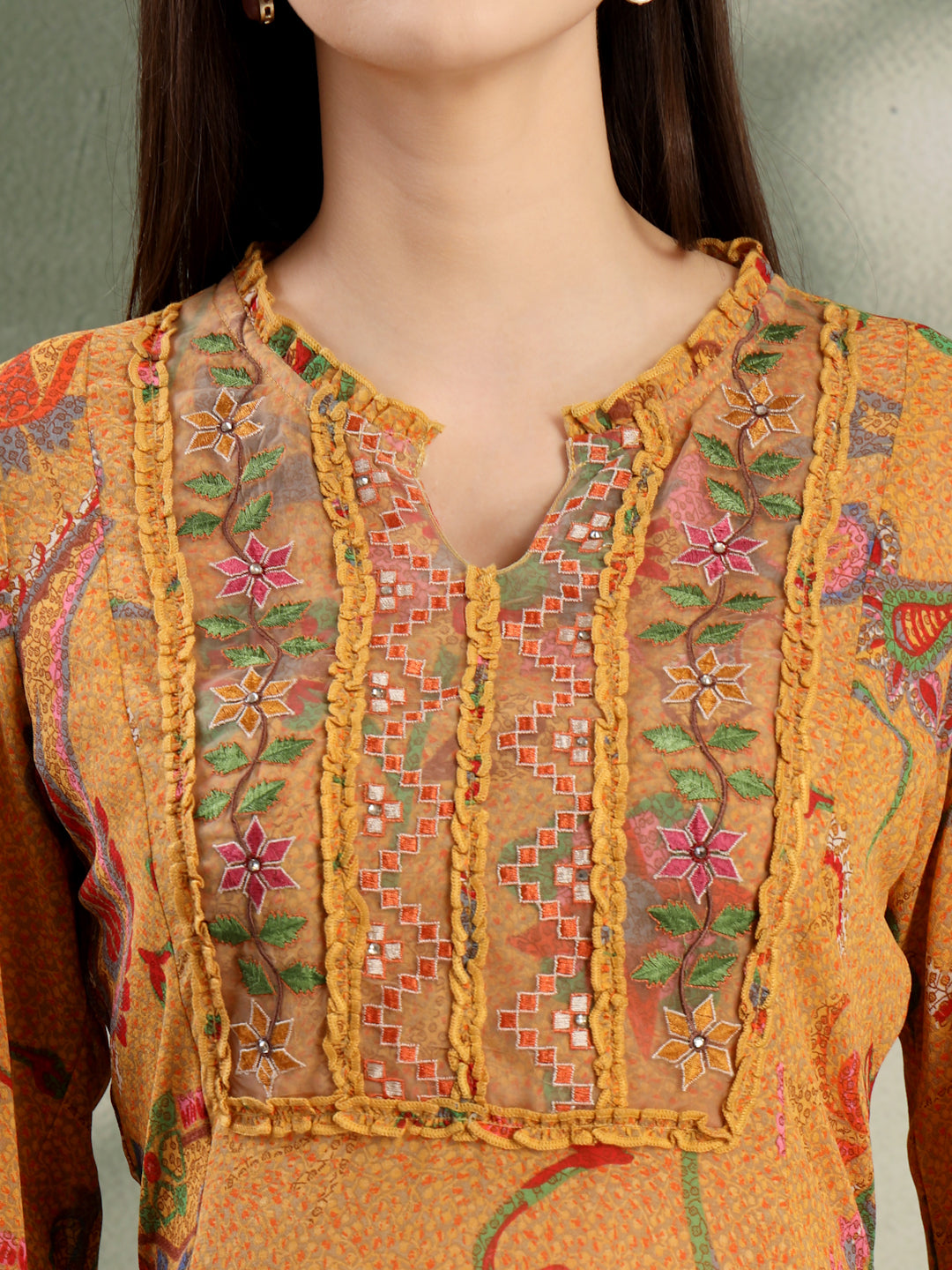 Paisley Printed Poly Georgette High-Low Kurta with Embroidery and Salwar