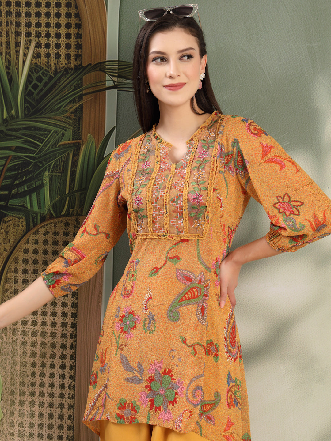 Paisley Printed Poly Georgette High-Low Kurta with Embroidery and Salwar