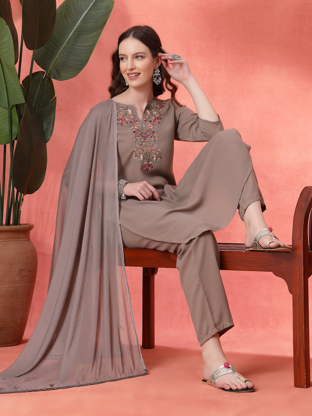 Floral Yoke Embroidered Straight Kurta Set with Printed Chiffon Dupatta