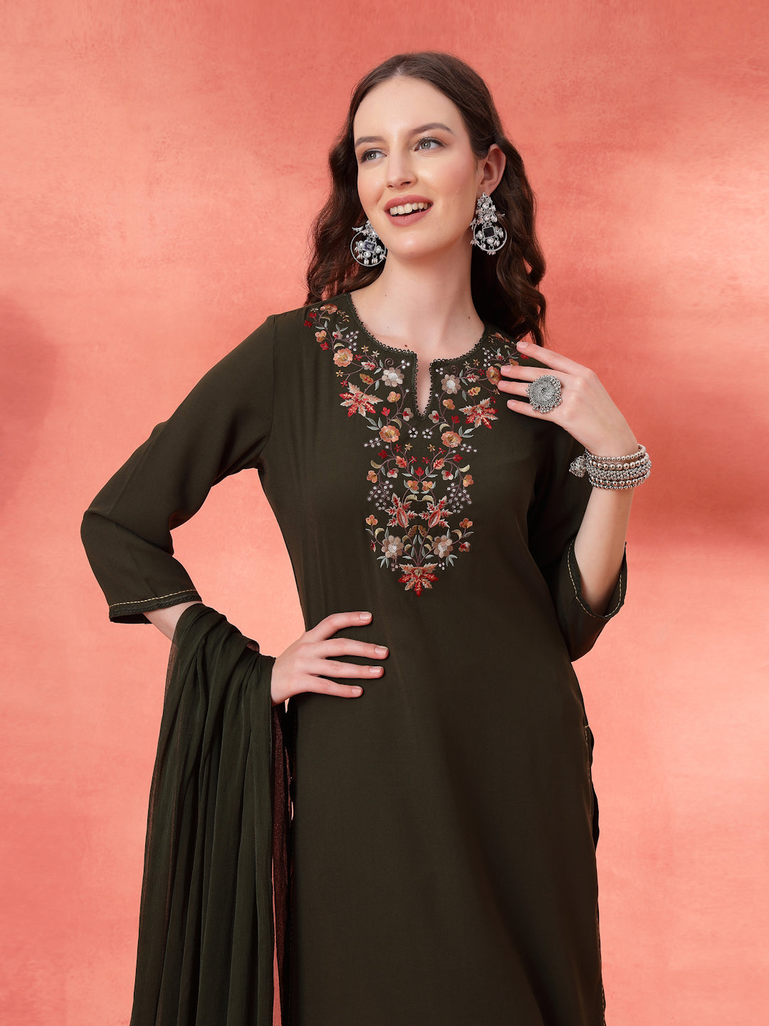 Floral Yoke Embroidered Straight Kurta Set with Printed Chiffon Dupatta