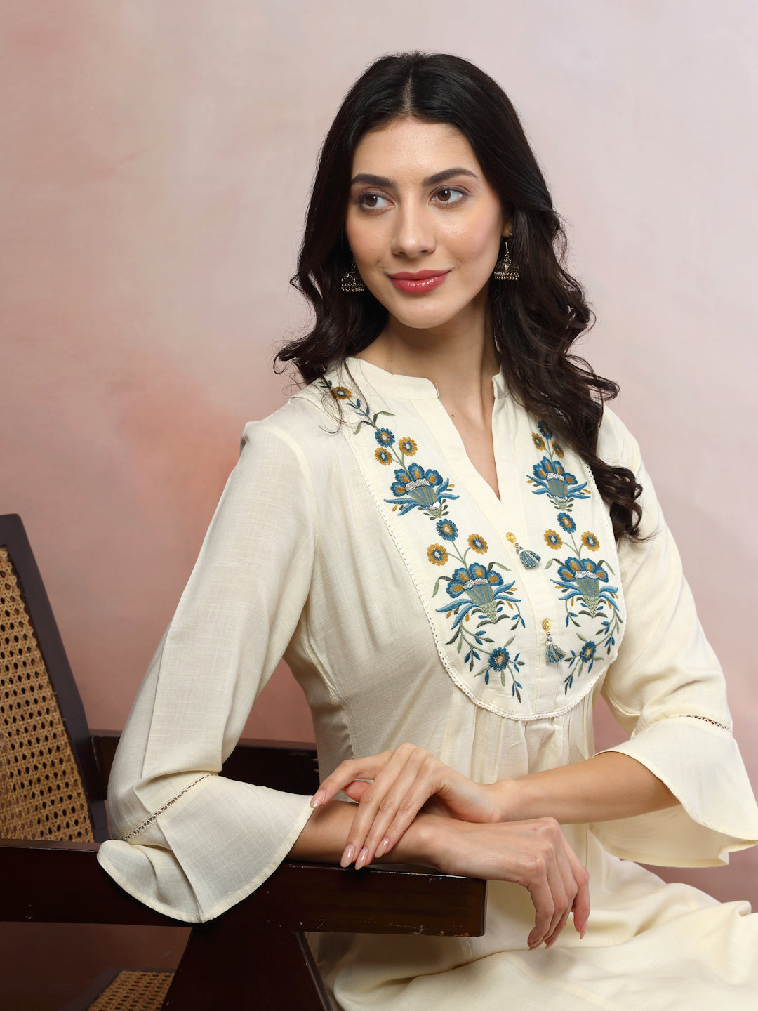 Paisley Embroidered Shirt-Style Kurti with Smocked Sleeves &amp; Back Detail
