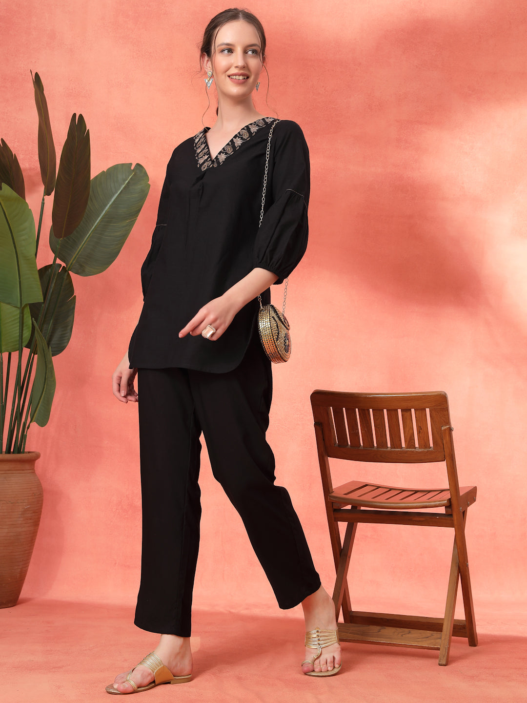 Solid Straight Cotton Blend Kurta Set with Zari Embroidery