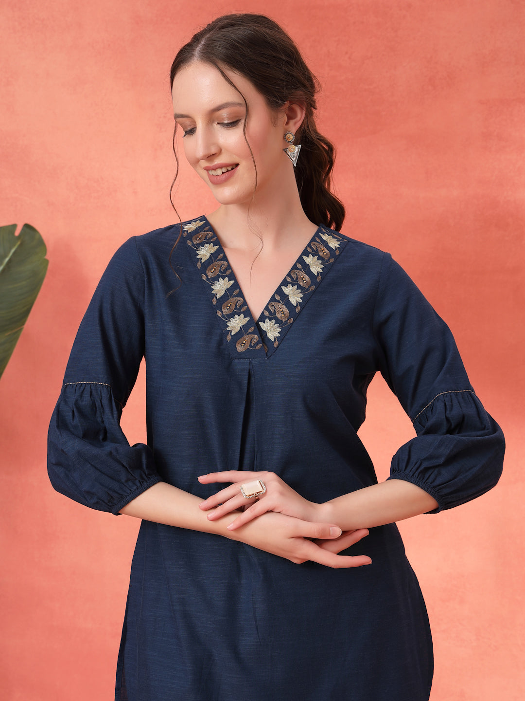 Solid Straight Cotton Blend Kurta Set with Zari Embroidery