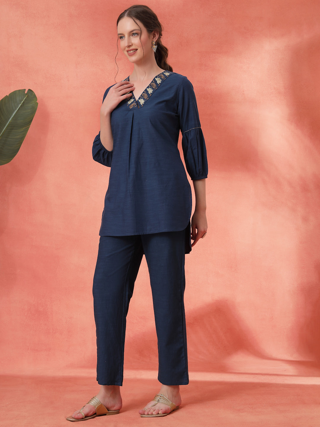 Solid Straight Cotton Blend Kurta Set with Zari Embroidery