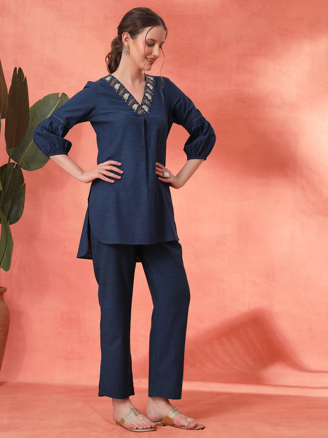 Solid Straight Cotton Blend Kurta Set with Zari Embroidery