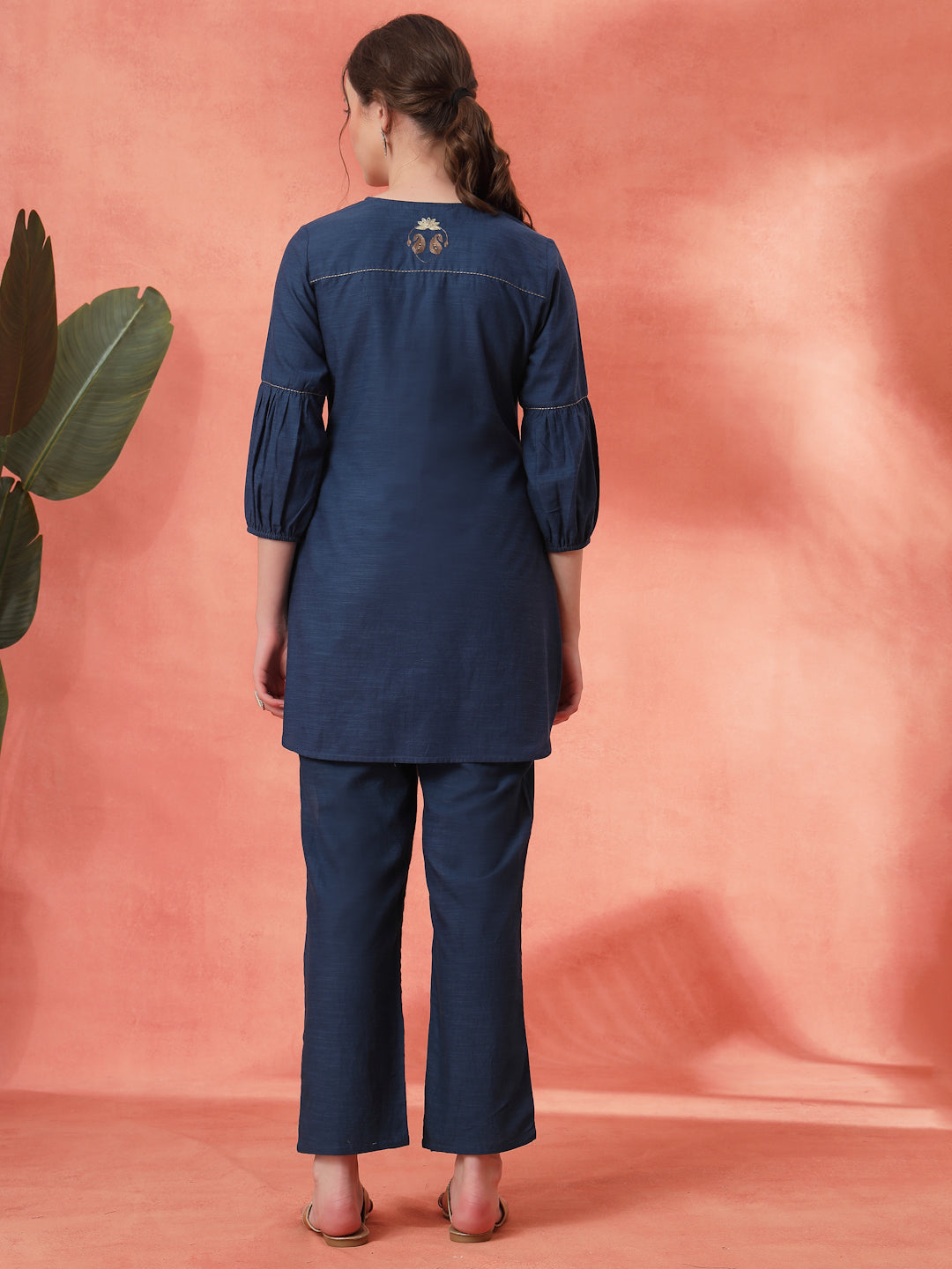 Solid Straight Cotton Blend Kurta Set with Zari Embroidery