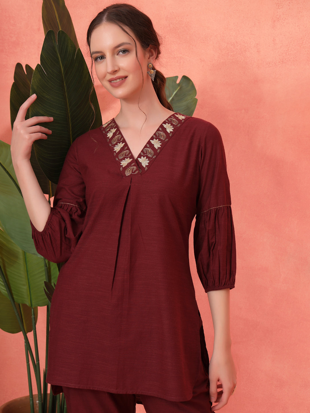 Solid Straight Cotton Blend Kurta Set with Zari Embroidery