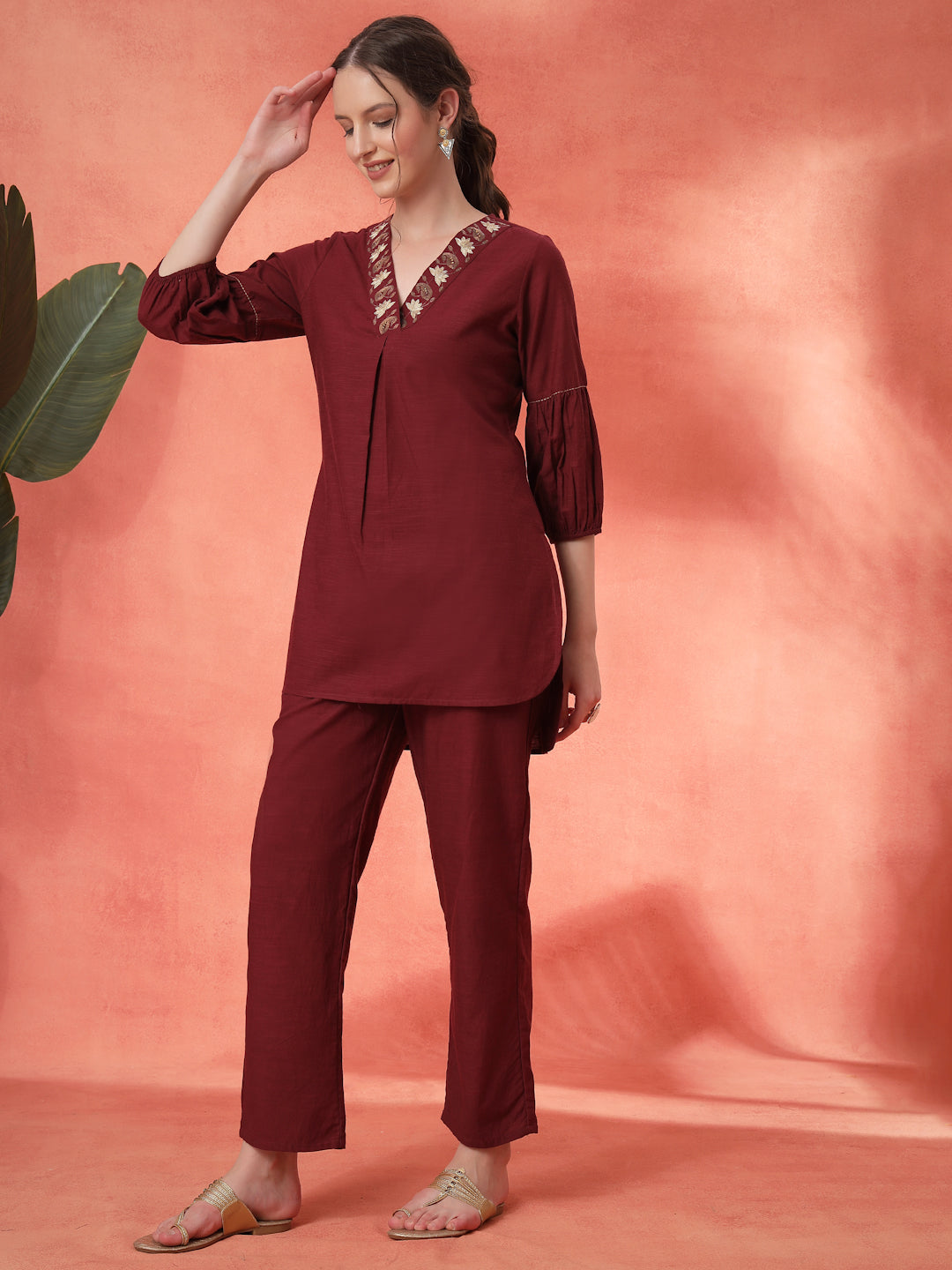 Solid Straight Cotton Blend Kurta Set with Zari Embroidery
