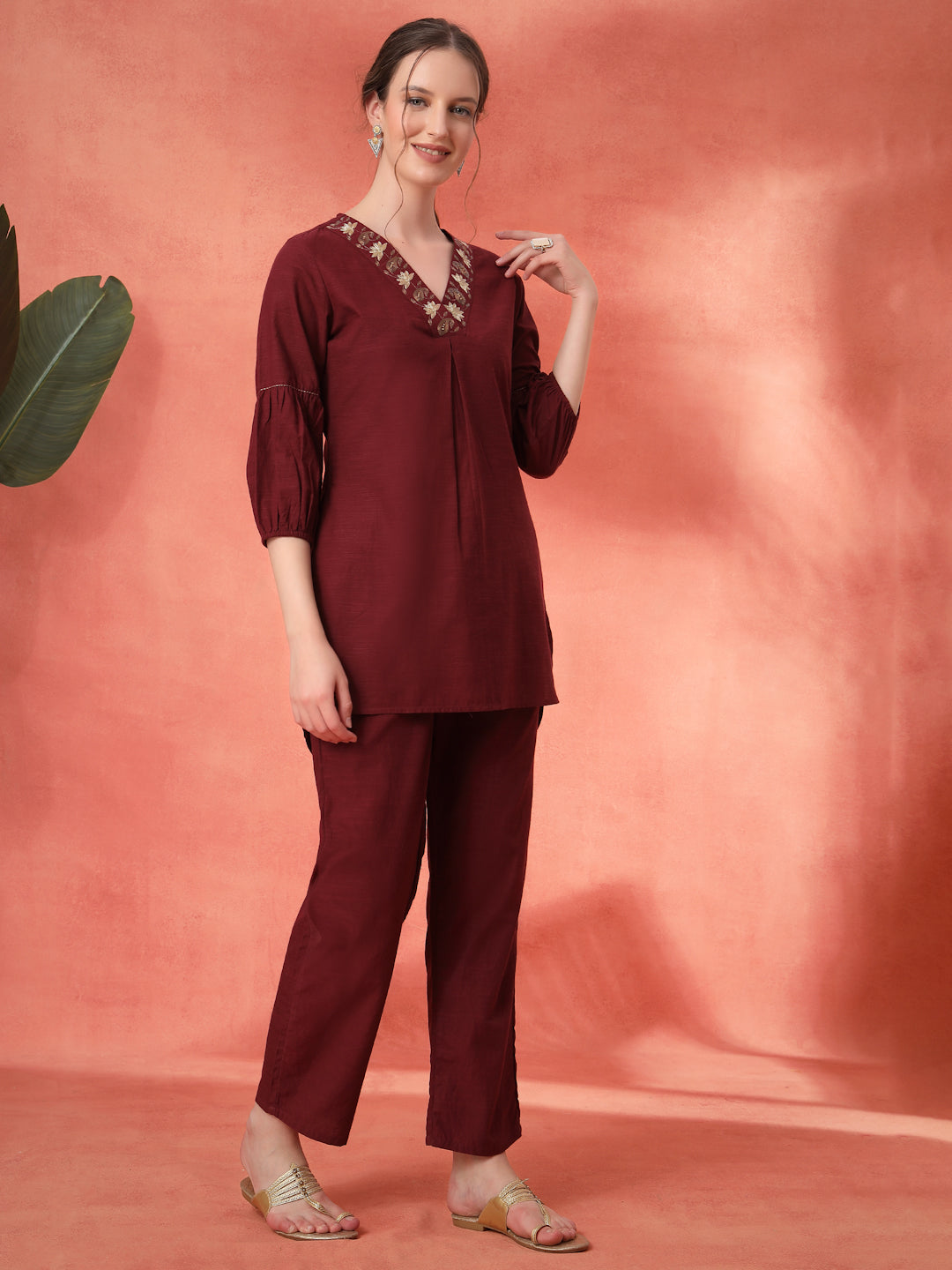 Solid Straight Cotton Blend Kurta Set with Zari Embroidery