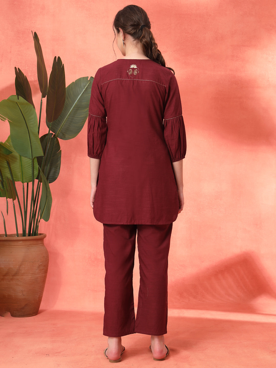 Solid Straight Cotton Blend Kurta Set with Zari Embroidery