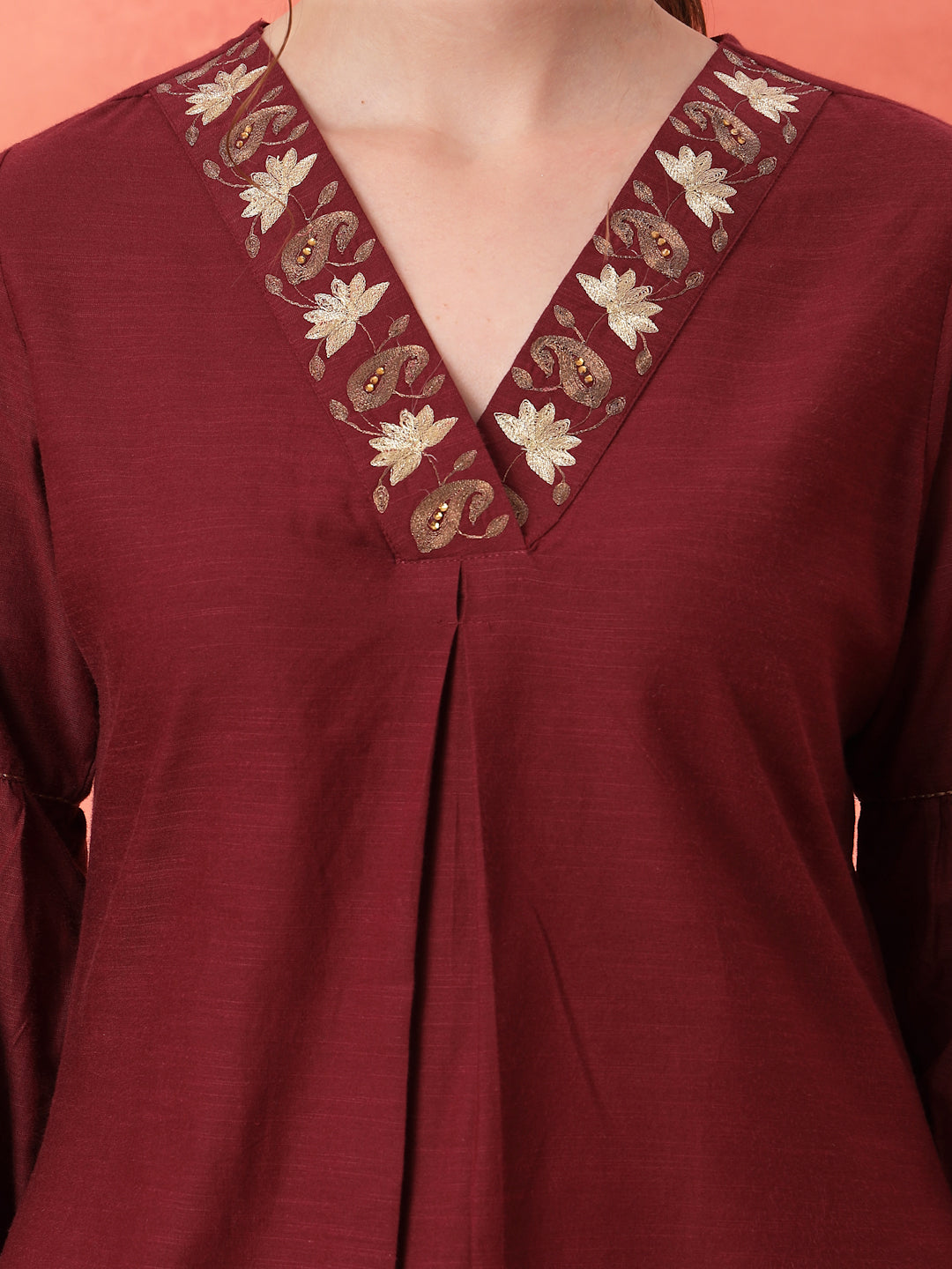 Solid Straight Cotton Blend Kurta Set with Zari Embroidery