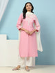 Thread Embroidered V-Neck Cotton Kurta Set with Palazzo & Solid Dupatta