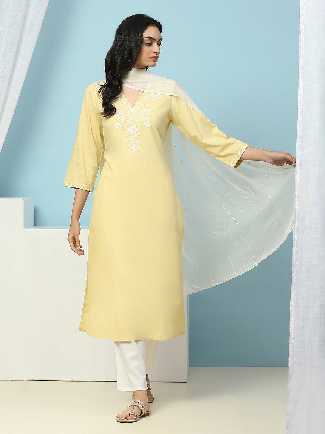 Thread Embroidered V-Neck Cotton Kurta Set with Palazzo &amp; Solid Dupatta