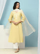 Thread Embroidered V-Neck Cotton Kurta Set with Palazzo & Solid Dupatta
