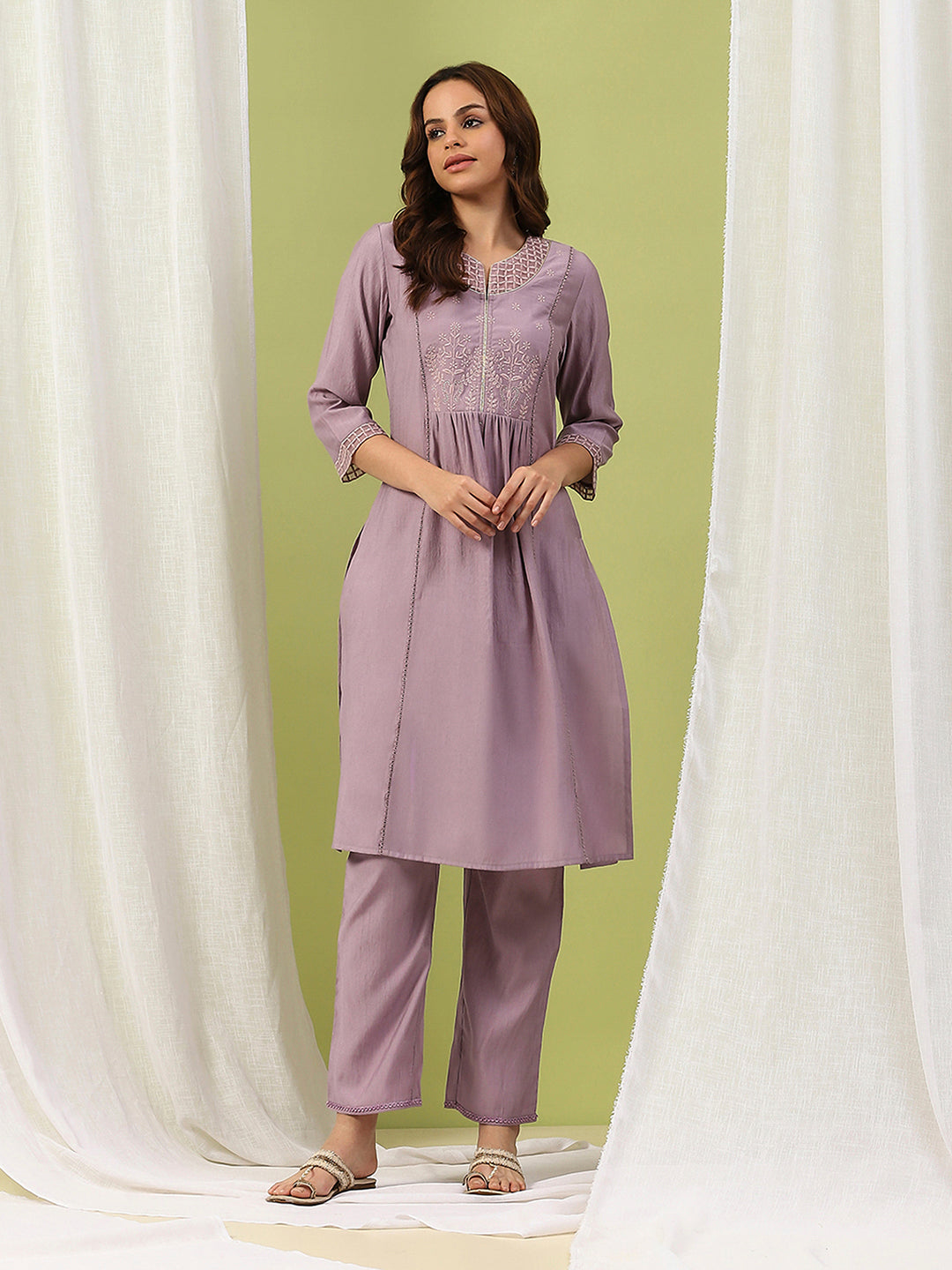 Silk Blend Embroidered Kurta Set with Palazzo &amp; Lace Hem