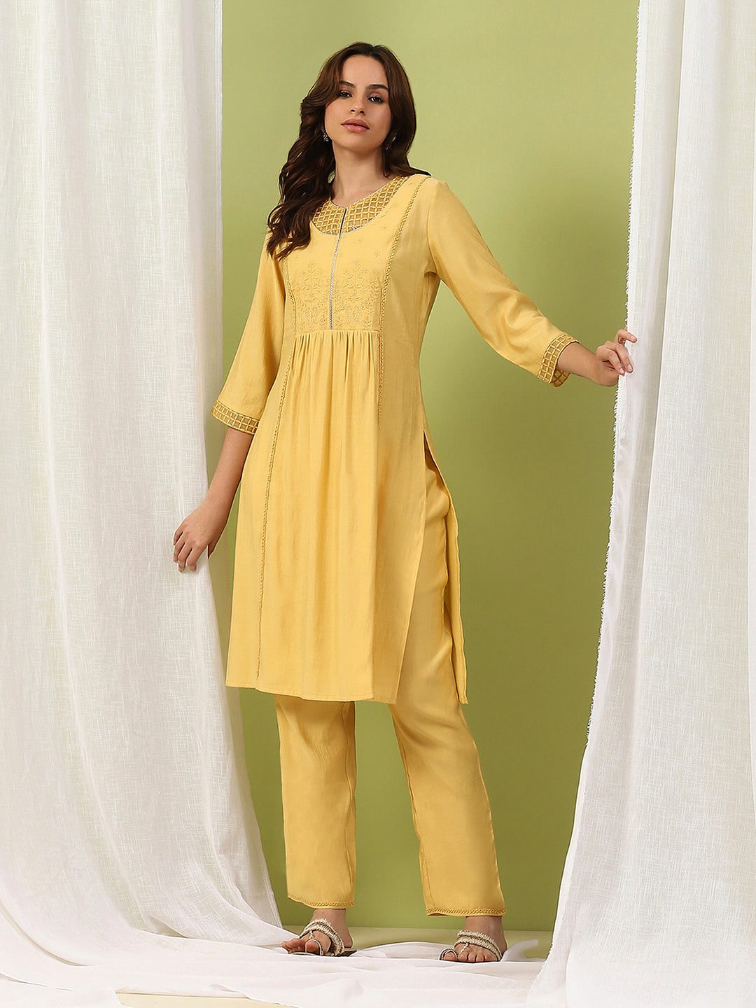 Silk Blend Embroidered Kurta Set with Palazzo &amp; Lace Hem