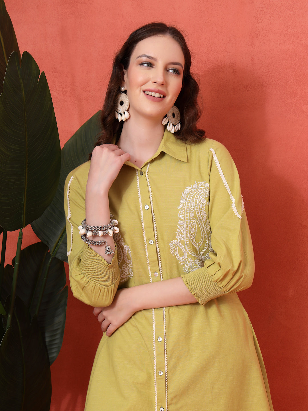 Green Cotton Co-ord with Chikankari Embroidery &amp; Laced Palazzo