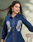 Navy Blue Cotton Co-ord with Chikankari Embroidery & Laced Palazzo