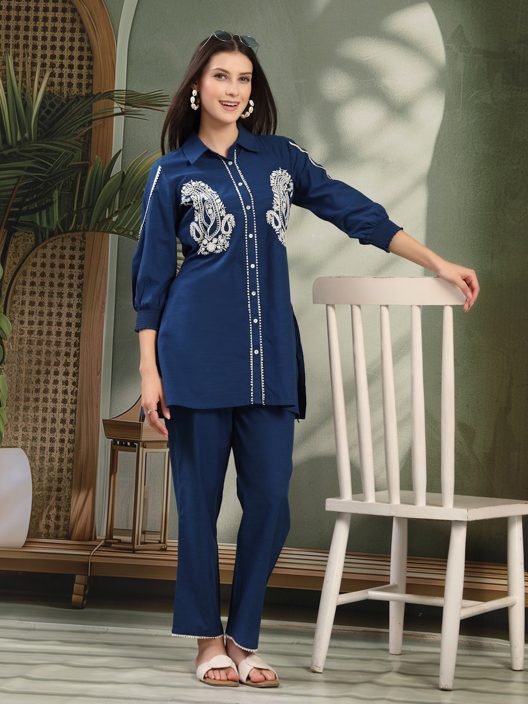 Navy Blue Cotton Co-ord with Chikankari Embroidery &amp; Laced Palazzo