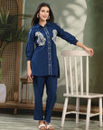 Navy Blue Cotton Co-ord with Chikankari Embroidery & Laced Palazzo