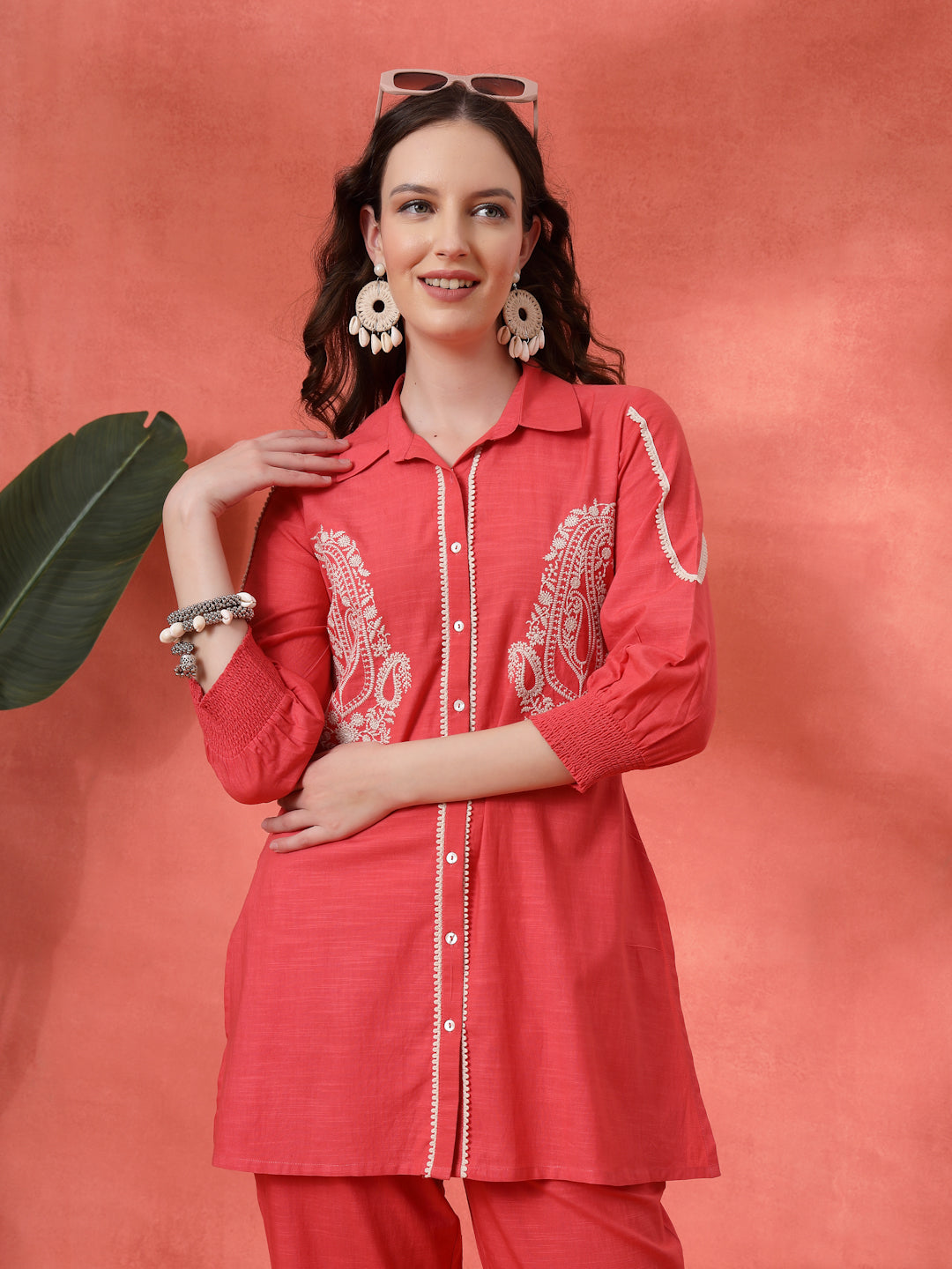 Peach Cotton Co-ord with Chikankari Embroidery &amp; Laced Palazzo