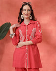 Peach Cotton Co-ord with Chikankari Embroidery & Laced Palazzo