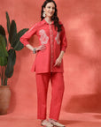 Peach Cotton Co-ord with Chikankari Embroidery & Laced Palazzo